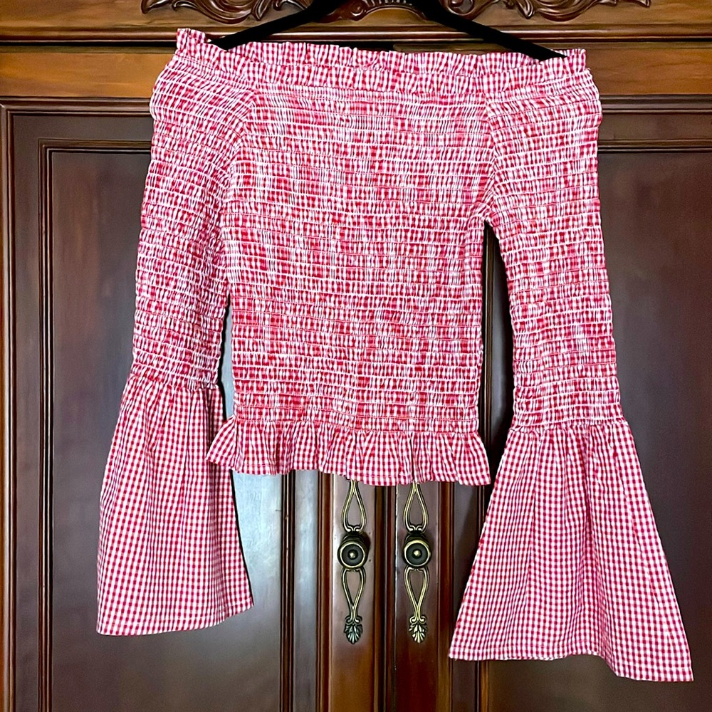 Off the Shoulder Red Gingham Shirt